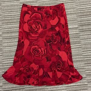 VTG Y2K Express Red Rose Stretch Bodycon Trumpet Skirt Flounce Hem Godets Sz XS